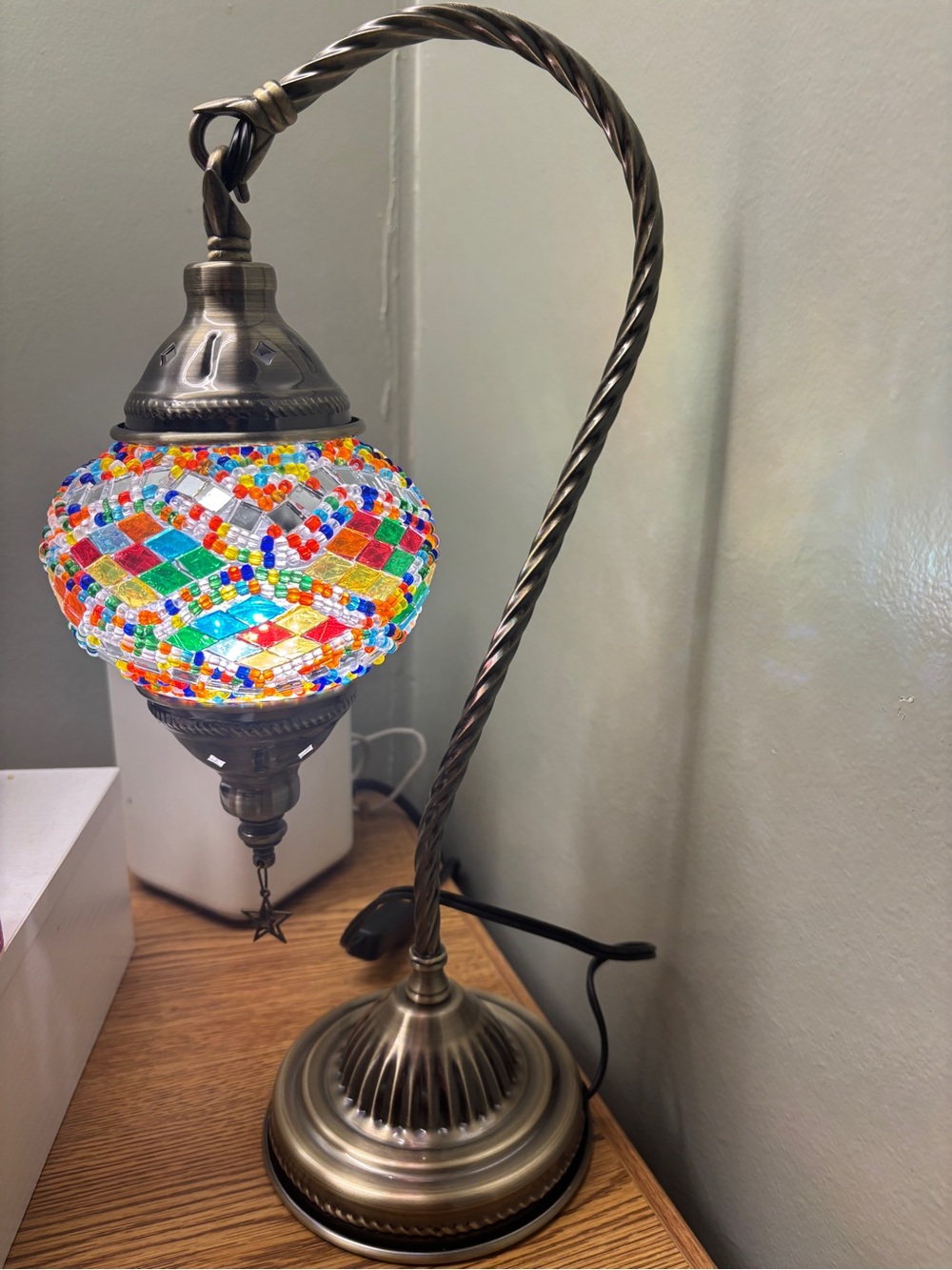 Multicolor Mosaic Glass Lantern Table Lamp with Antique Brass Finish